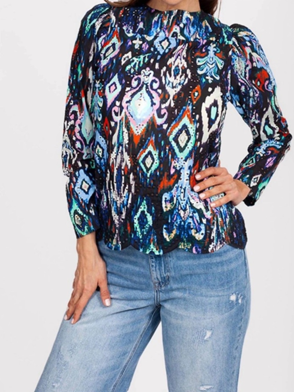 MUNTHE  Women's Josalina Blouse Multicolor Ikat-Print Long Sleeve Size 34 US 4